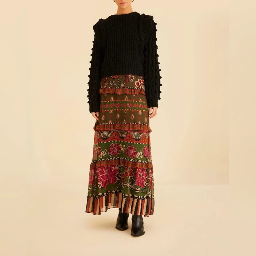 FARM Rio Floral Tiered Maxi Skirt in Black, Green, Red, Orange